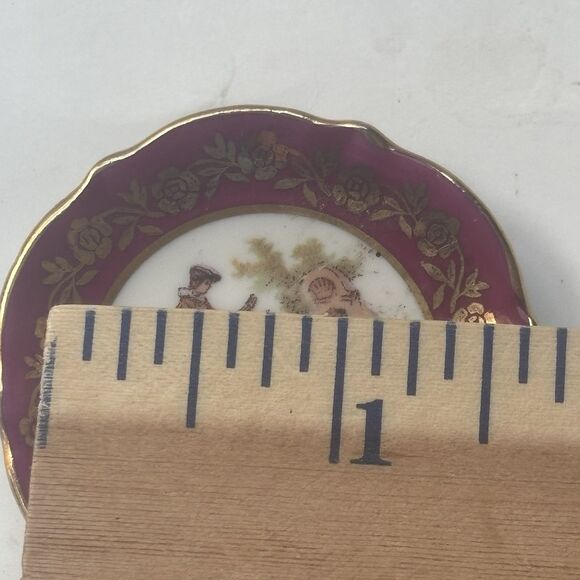 Vtg Limoges France La Reine Courting Couple Miniature Plate Set Magenta Gold - Picture 7 of 7